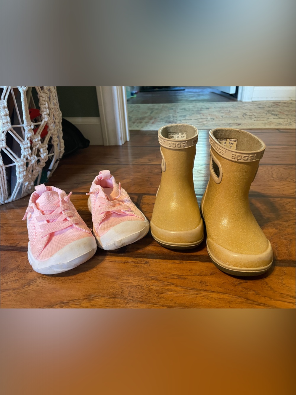 Kids Pink Knit Sneakers & Gold Rain Boots Set